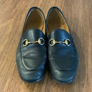 Gucci Black Leather Loafers with Gold Accent